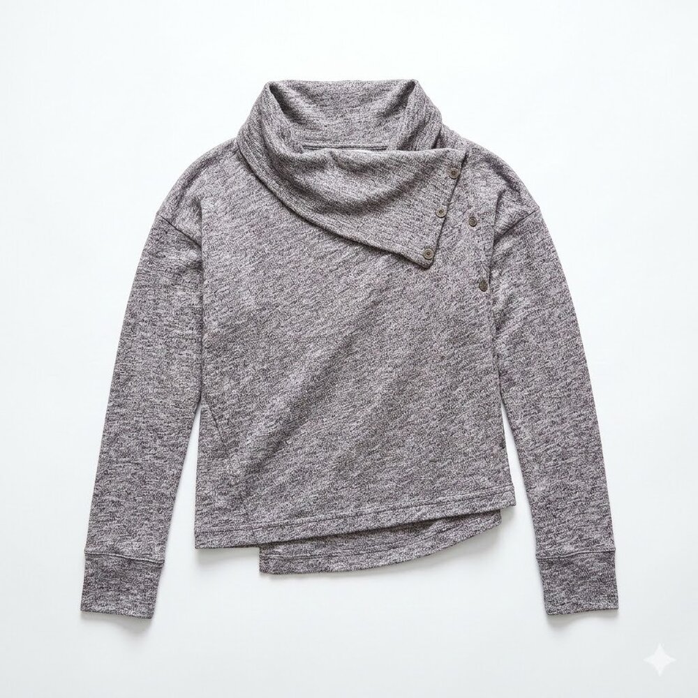 Eddie Bauer Heather Grey Asymmetrical Cowl Neck Sweater Small Snap Button Front